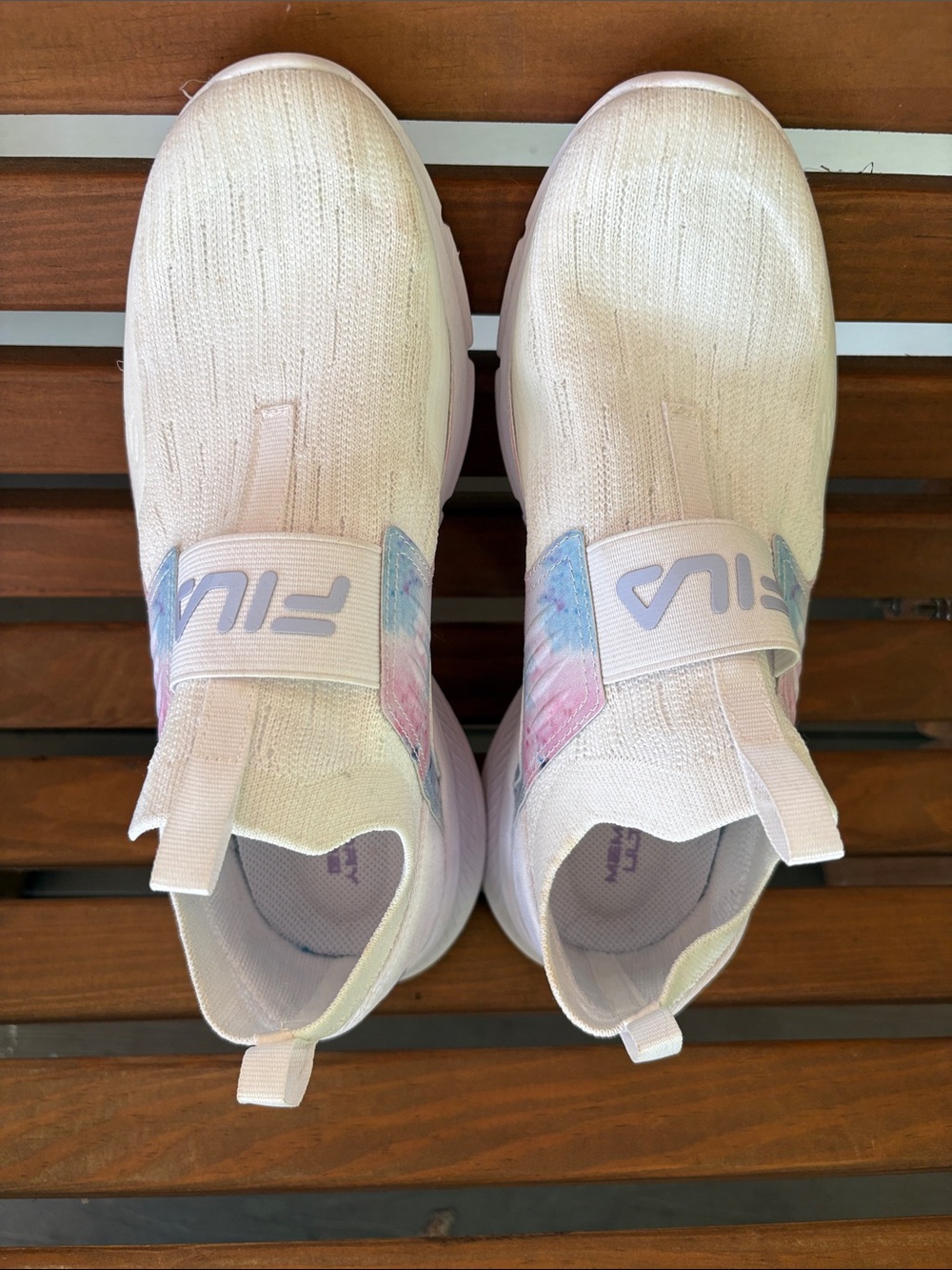 FILA Women’s Slip-On Sneakers in White with Pastel Tie-Dye Accents